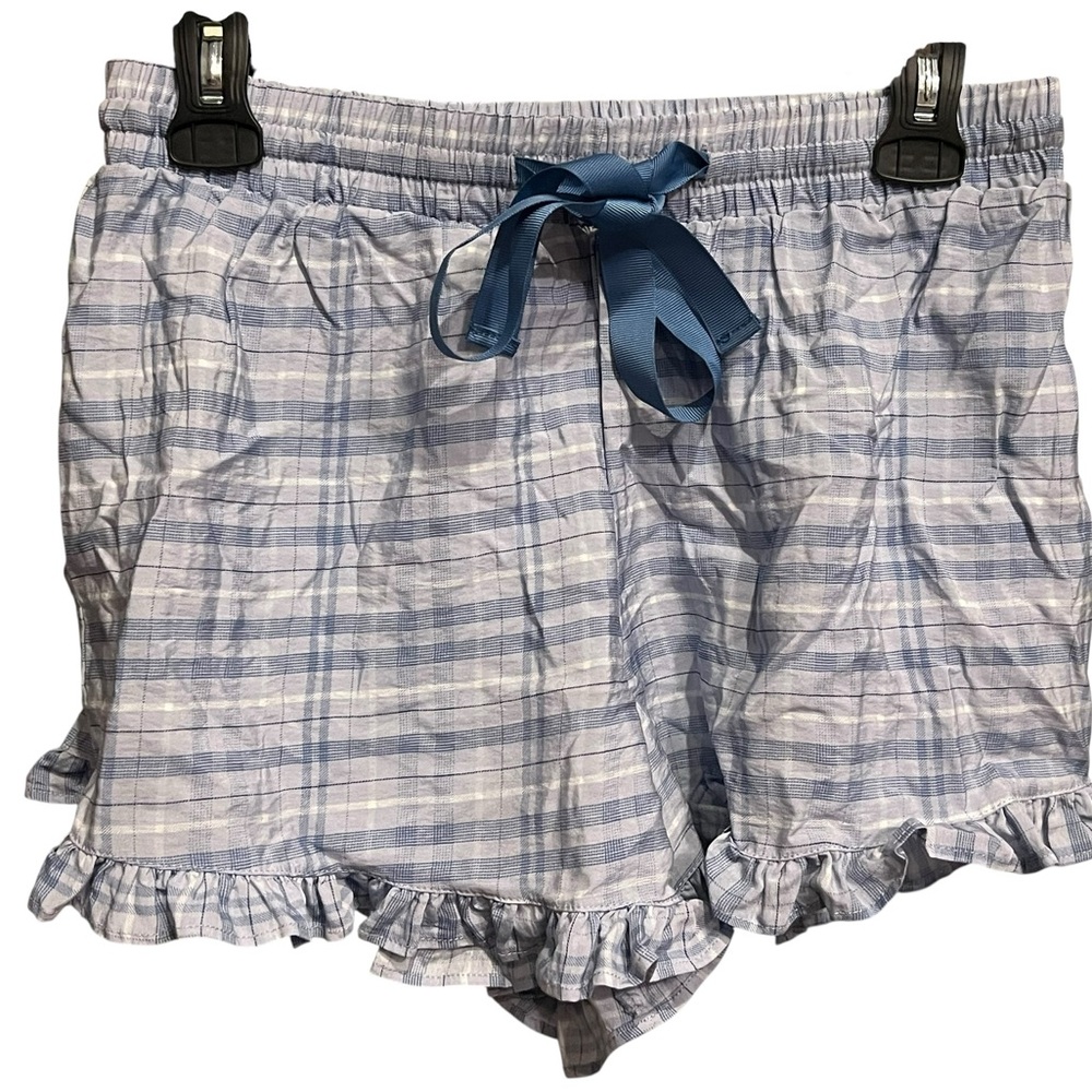 Light Blue Plaid Women's Shorts with Ruffle